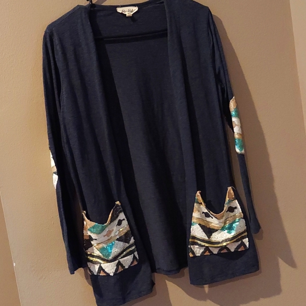 Navy Blue Sequin Patch Pocket Cardigan Medium